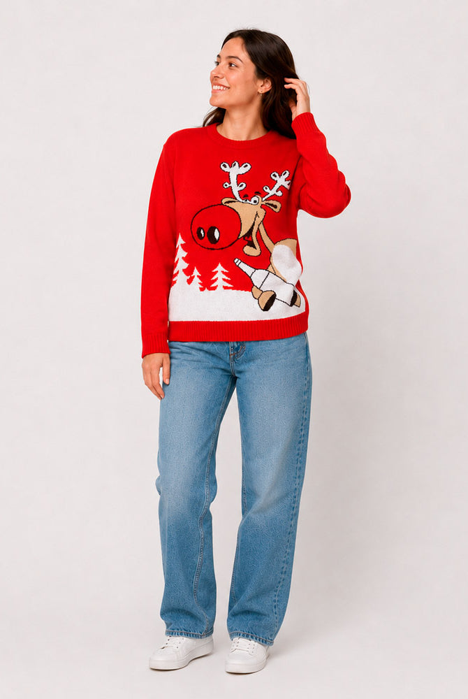 Maglione Natalizio Rosso con Renna e Birra Donna