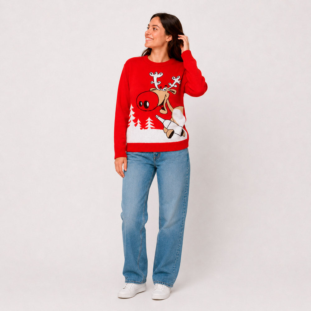 Maglione Natalizio Rosso con Renna e Birra Donna