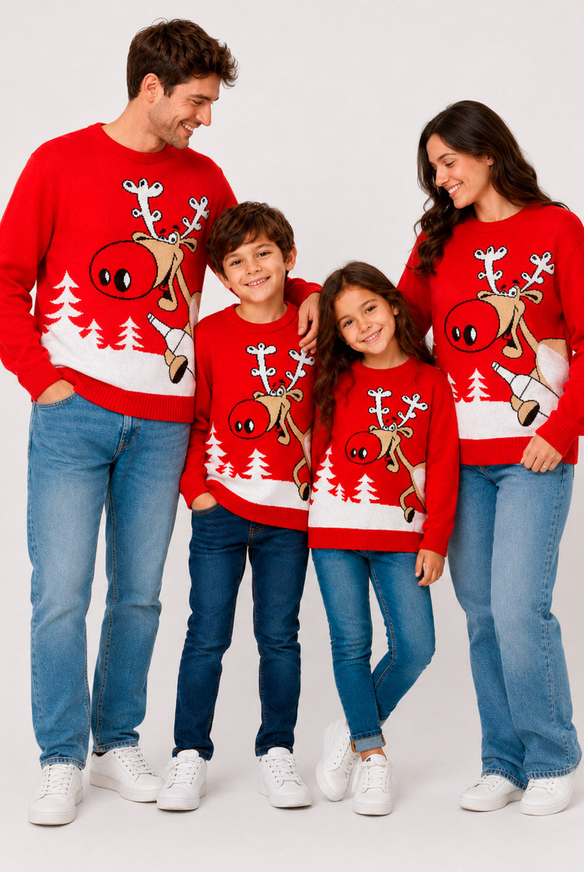 Maglione Natalizio Rosso con Renna e Birra Famiglia