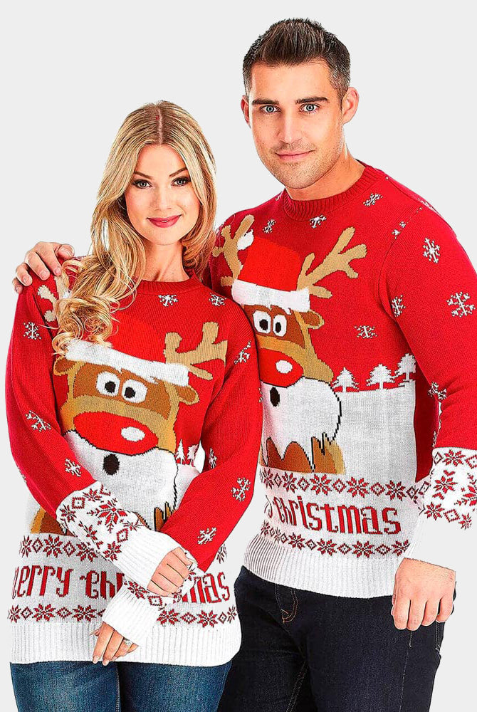 Maglione Natalizio Donna e Uomo Rosso con Renna Rudolph