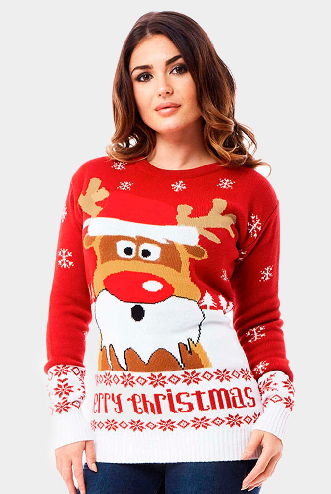 Maglione Natalizio Donna Rosso con Renna Rudolph