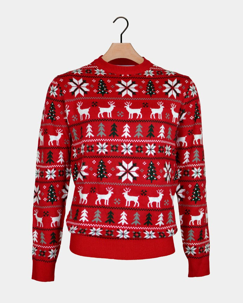 Maglione Natalizio Rosso Renne, Alberi e Stelle Polari