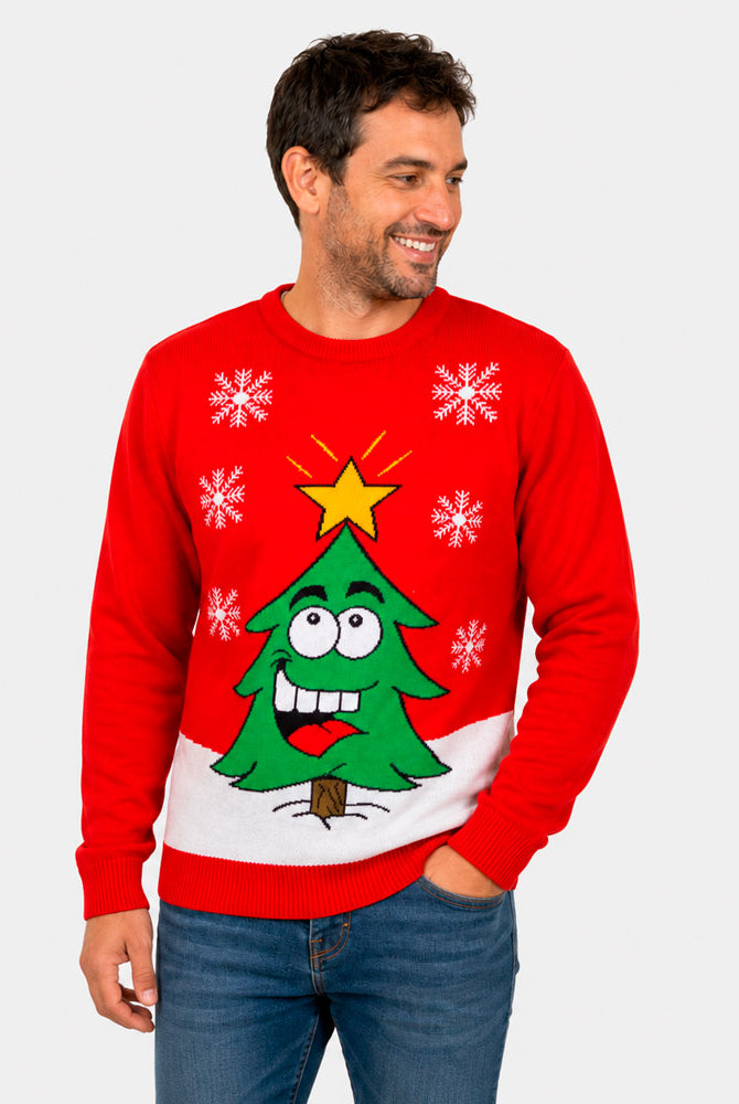 Maglione Natalizio Uomo Albero Natalizio Sorridente Rosso