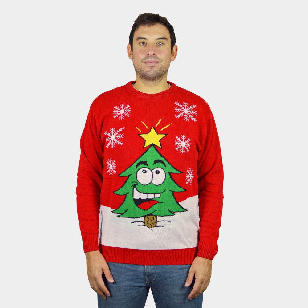 Maglione Natalizio Uomo Albero Natalizio Sorridente Rosso
