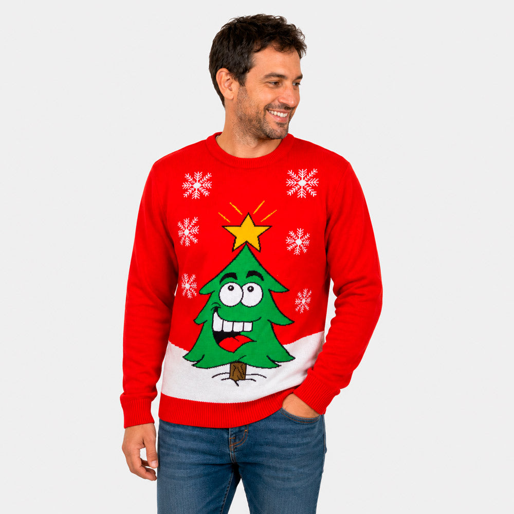 Maglione Natalizio Uomo Albero Natalizio Sorridente Rosso