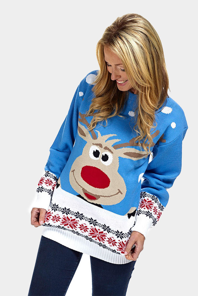 Maglione Natalizio da Uomo Azzurro con Renna e Neve Donna