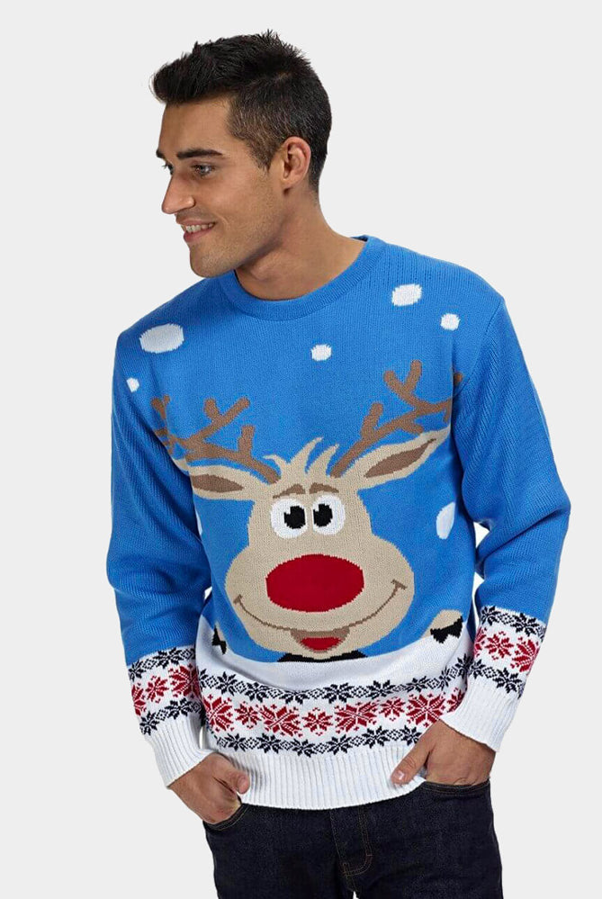 Maglione Natalizio da Uomo Azzurro con Renna e Neve