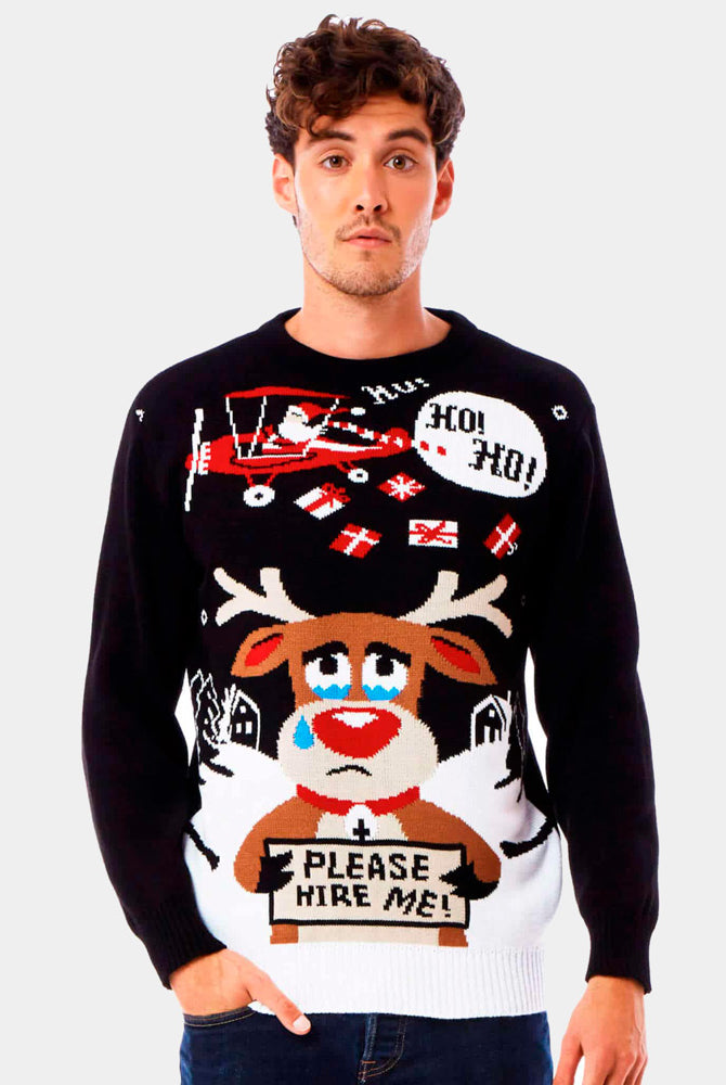Maglione Natalizio Uomo Babbo Natale e Renna in Cerca di Lavoro