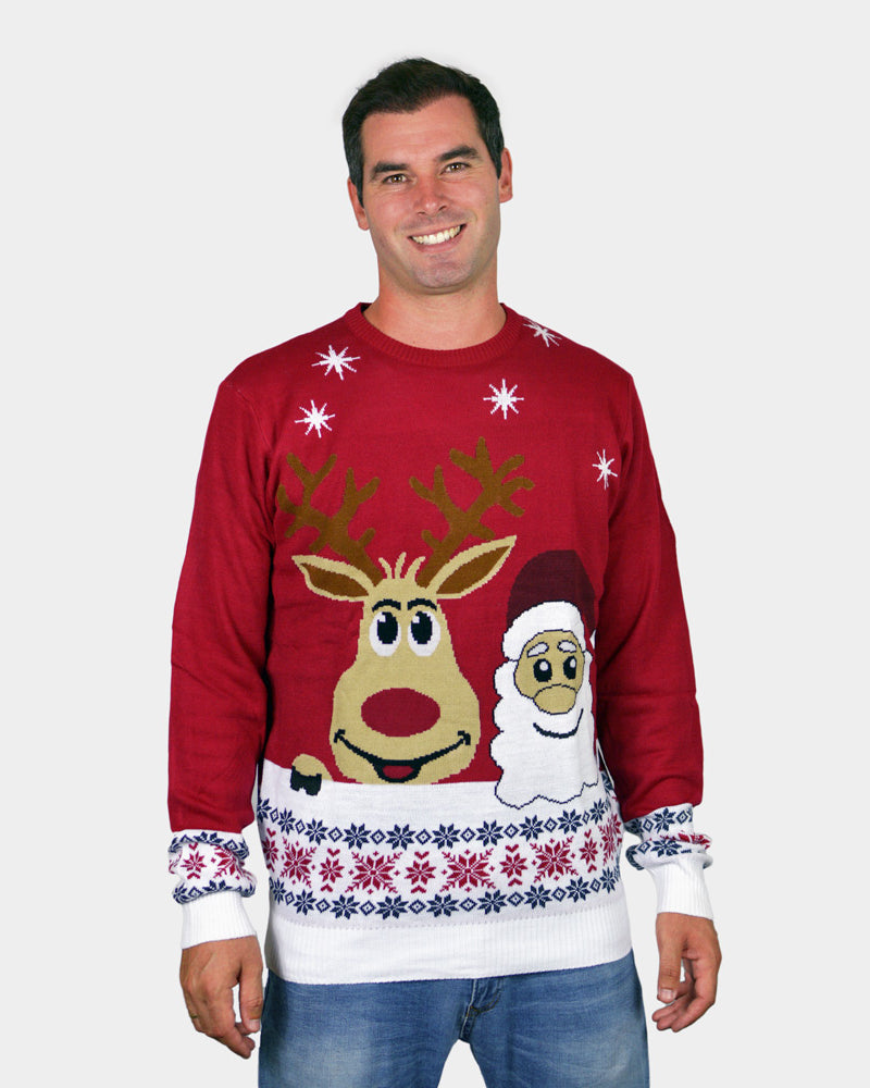Maglione Natalizio da Uomo Babbo Natale e Renna Rudolph Sorridentes