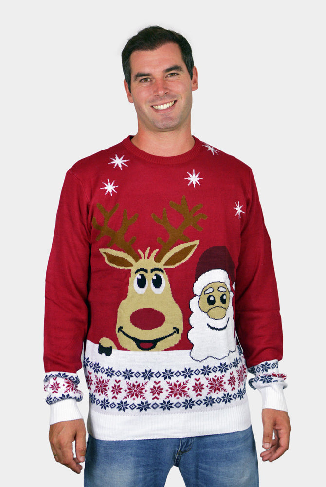 Maglione Natalizio da Uomo Babbo Natale e Renna Rudolph Sorridentes