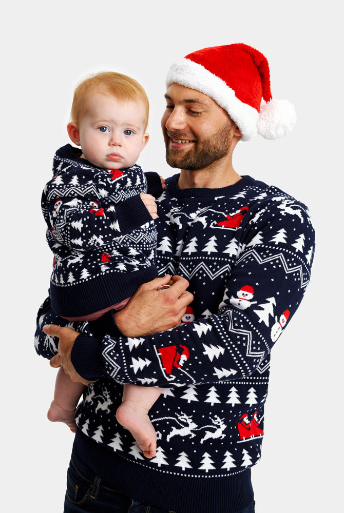 Maglione Natalizio la Famiglia Cotone Biologico Blu Alberi Pupazzi di Neve Babbo Natale