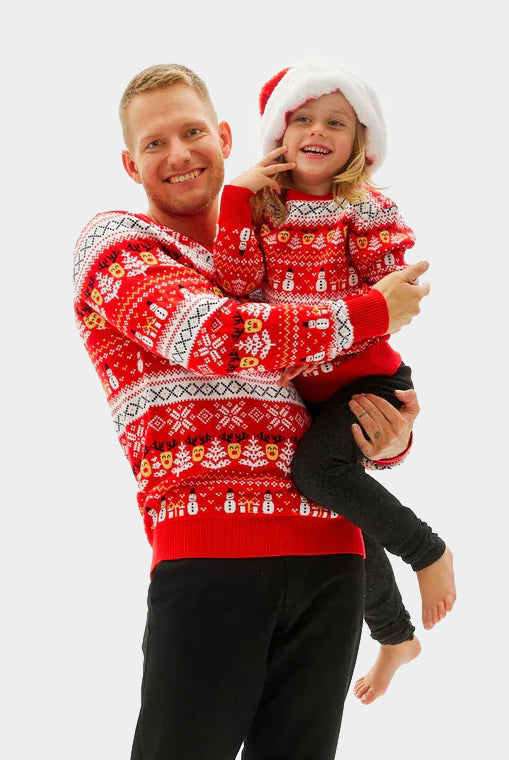 Maglione Natalizio da Uomo Bambini in Cotone Biologico Rosso Pupazzi di Neve Motivi Natalizi