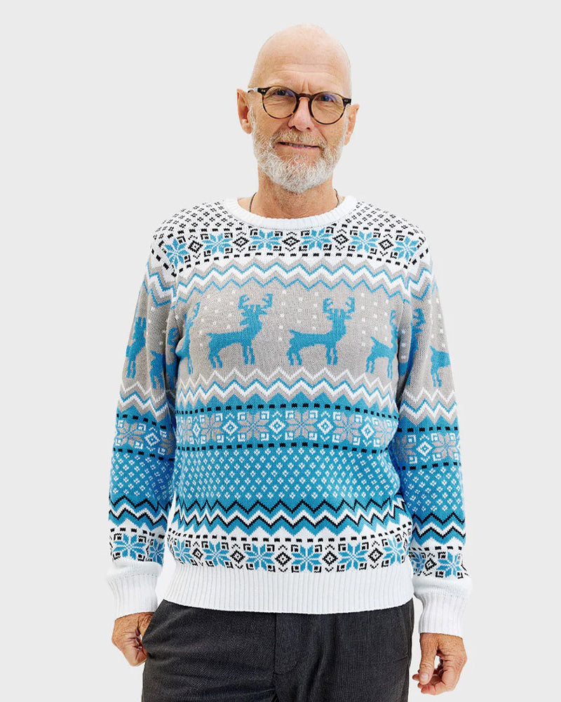 Maglione Natalizio da Uomo Bianco, Grigio e Blu con Renne Elegante