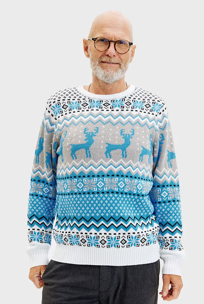 Maglione Natalizio da Uomo Bianco, Grigio e Blu con Renne Elegante