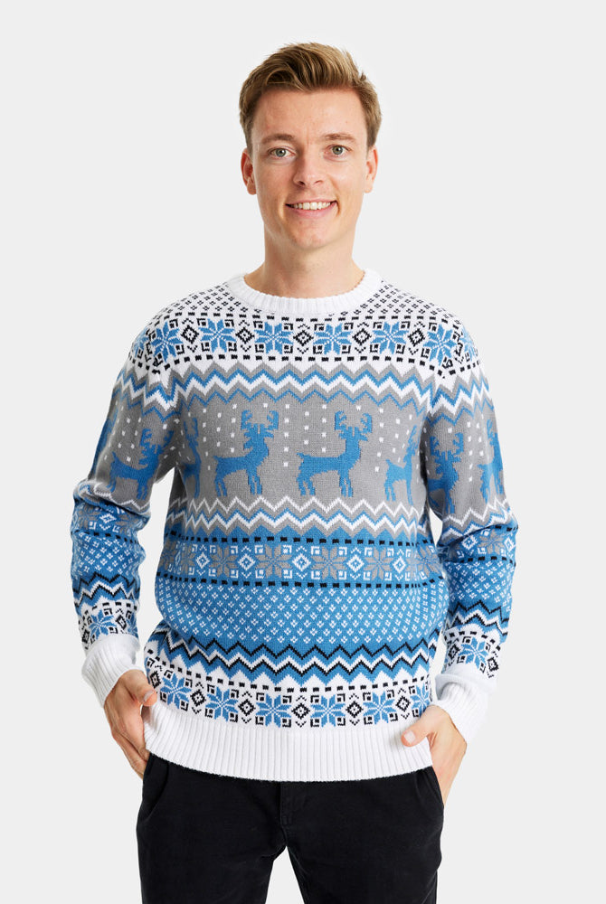 Maglione Natalizio da Uomo Bianco, Grigio e Blu con Renne Elegante