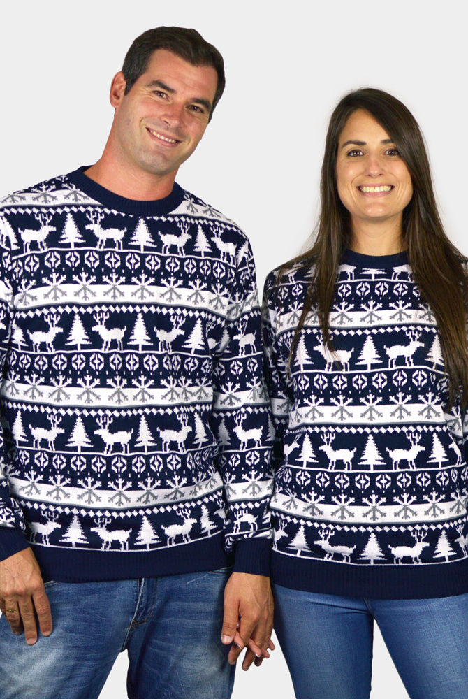 Maglione Natalizio da Uomo Blu Alberi di Natale e Renne coppie