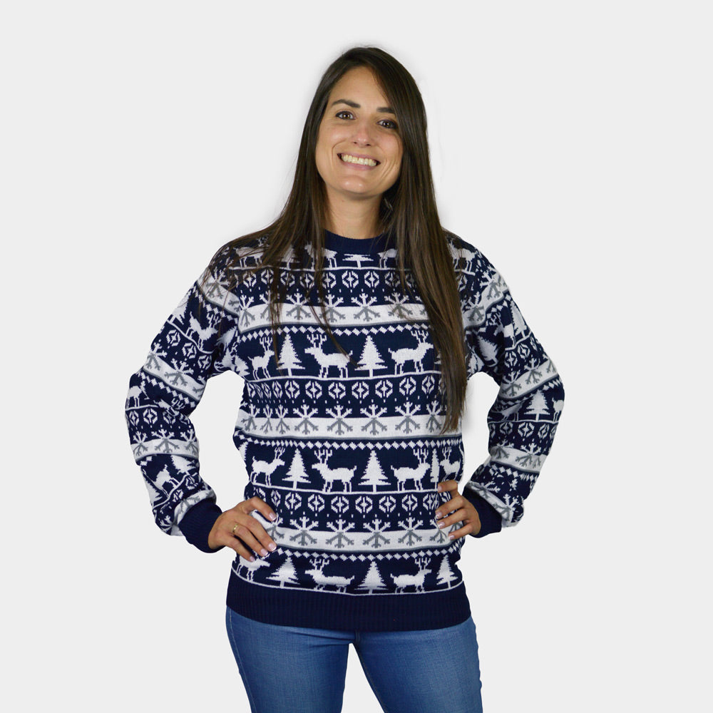Maglione Natalizio da Uomo Donna Blu Alberi di Natale e Renne