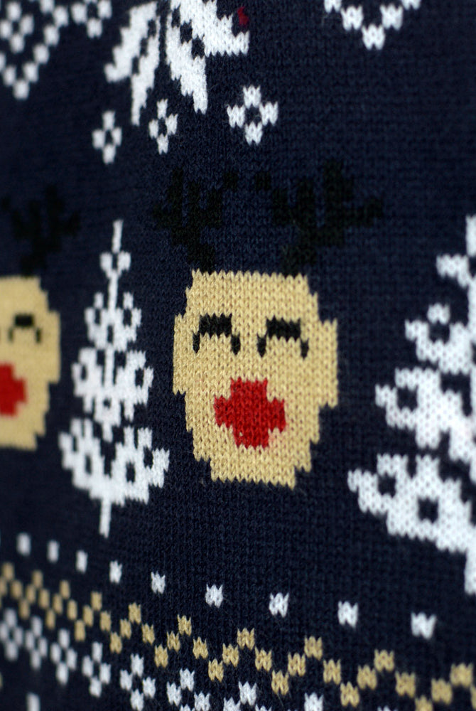 Maglione Natalizio da Uomo Blu con Pupazzi e Motivi Natalizi di Neve