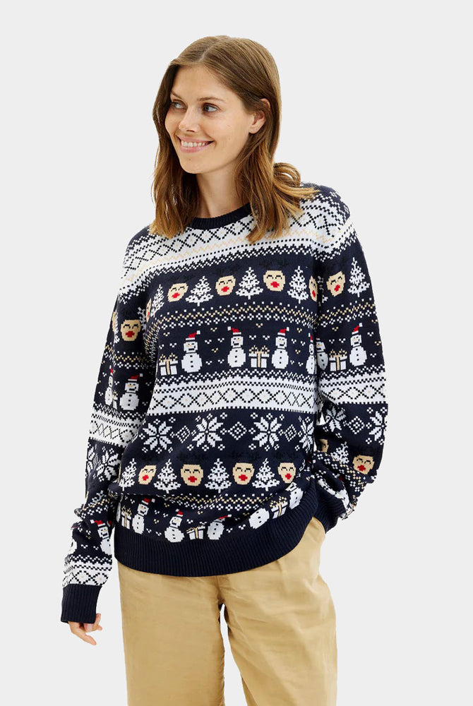 Maglione Natalizio da Uomo Blu Donna Pupazzi di Neve e Motivi Natalizi