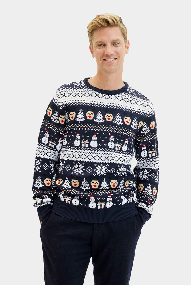 Maglione Natalizio da Uomo Blu con Pupazzi di Neve e Motivi Natalizi