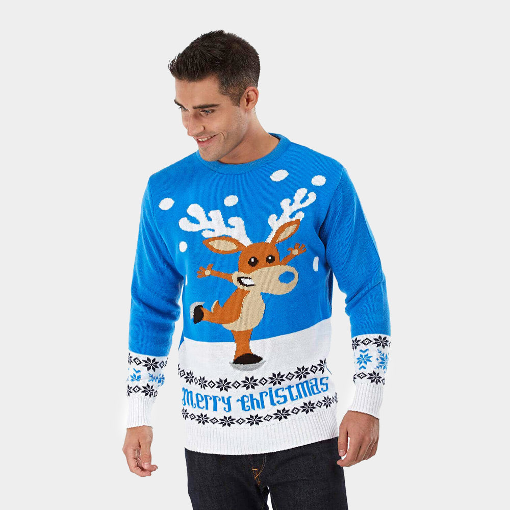 Maglione Natalizio da Uomo Blu con Renna che Pattina