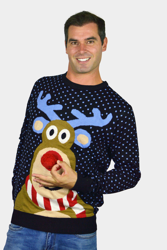 Maglione Natalizio da Uomo Blu Renna Rudolph con Naso Rosso in 3D
