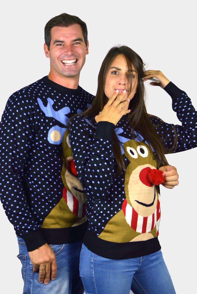 Maglione Natalizio da Uomo Blu Renna Rudolph con Naso Rosso in 3D coppia