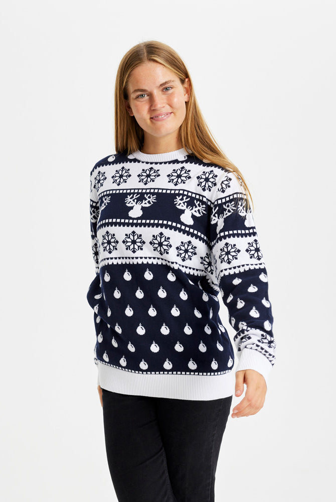 Maglione Natalizio Uomo Blu con Renne e Neve Donna