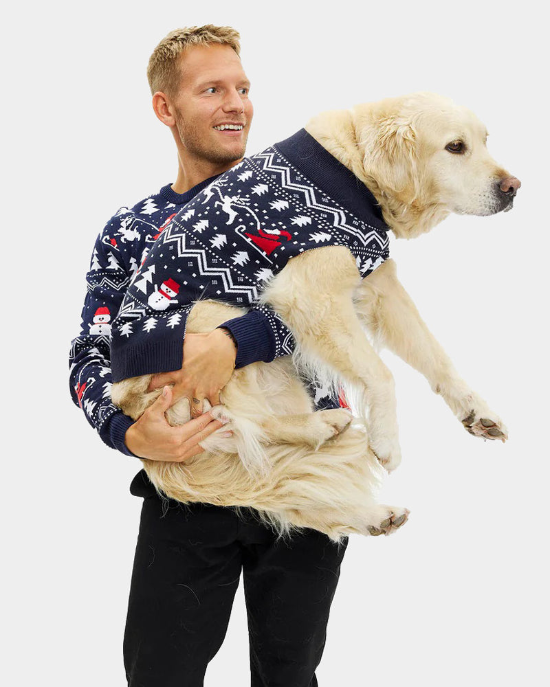 Maglione Natalizio Uomo Cane Cotone Biologico Blu Alberi Pupazzi Neve Babbo Natale
