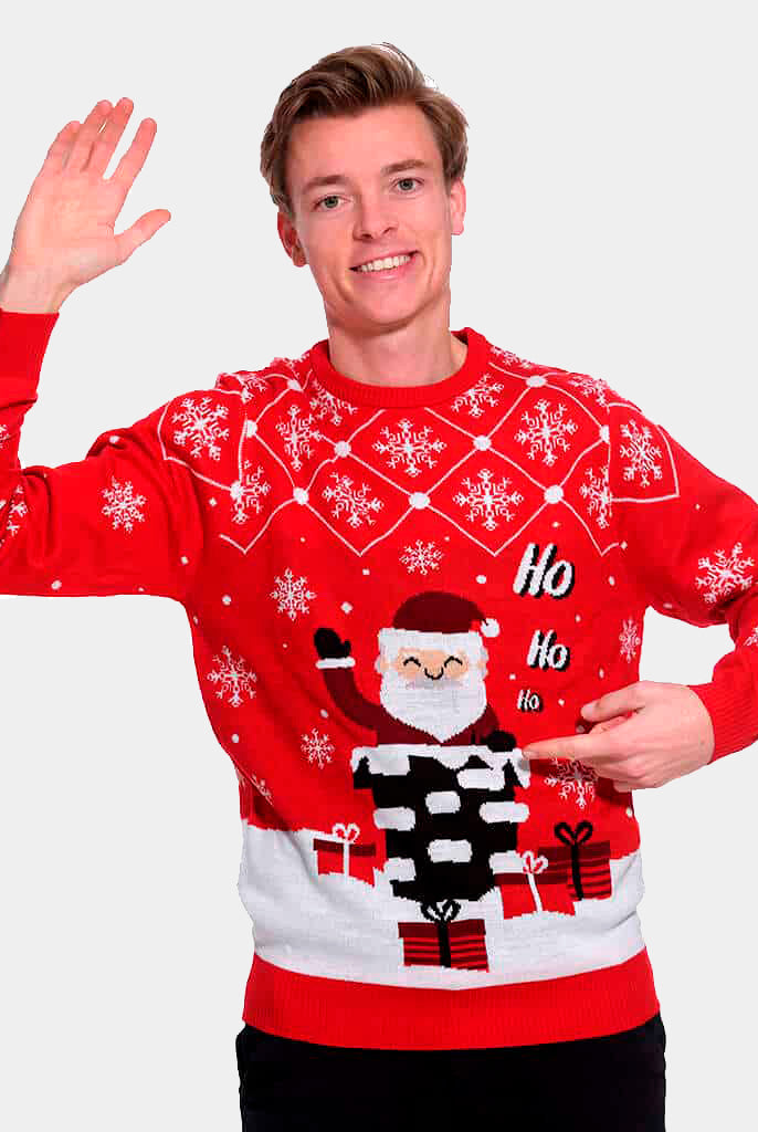 Maglione Natalizio Uomo Coppia con Babbo Natale che Entra nel Camino