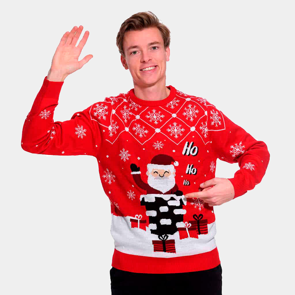 Maglione Natalizio Uomo Coppia con Babbo Natale che Entra nel Camino