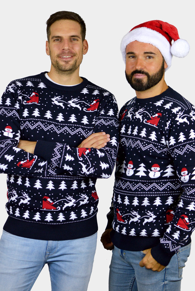 Maglione Natalizio Uomo Coppia Cotone Biologico Blu Alberi Pupazzi di Neve Babbo Natale