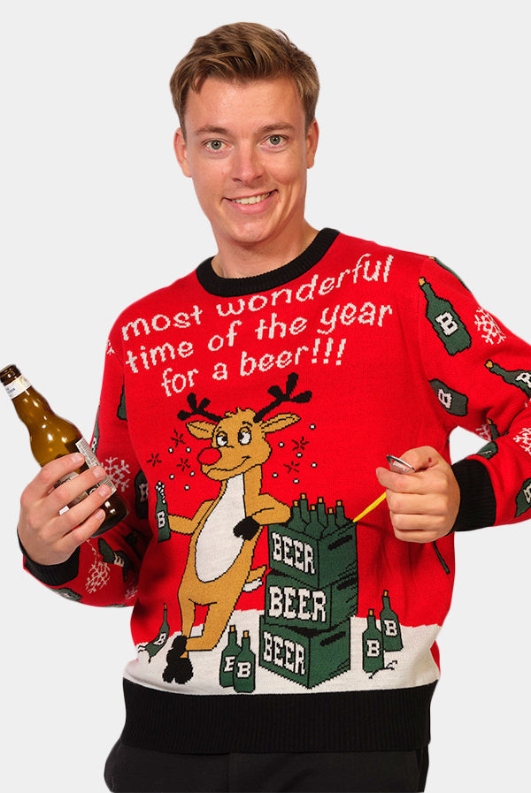 Maglione Natalizio Uomo Coppia con Renna e Apribottiglie per Birra