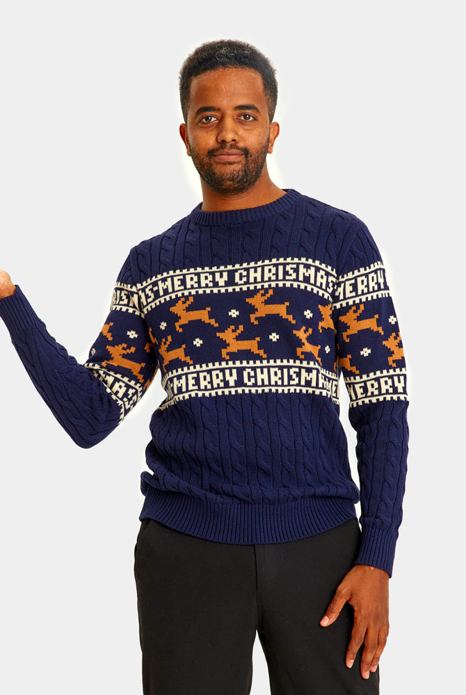Maglione Natalizio Uomo in Cotone Biologico Elegante Blu con Renne