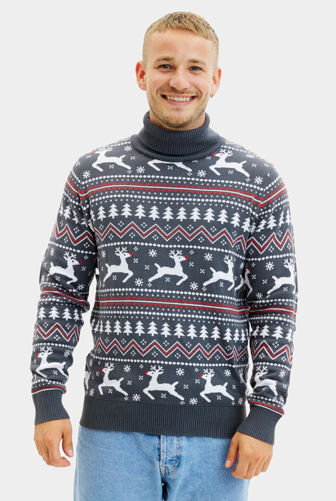 Maglione Natalizio da Uomo in Cotone Biologico a Collo Alto Grigio con Renne