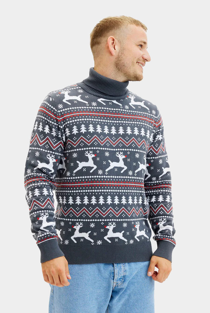 Maglione Natalizio Uomo in Cotone Biologico a Collo Alto Grigio Renne