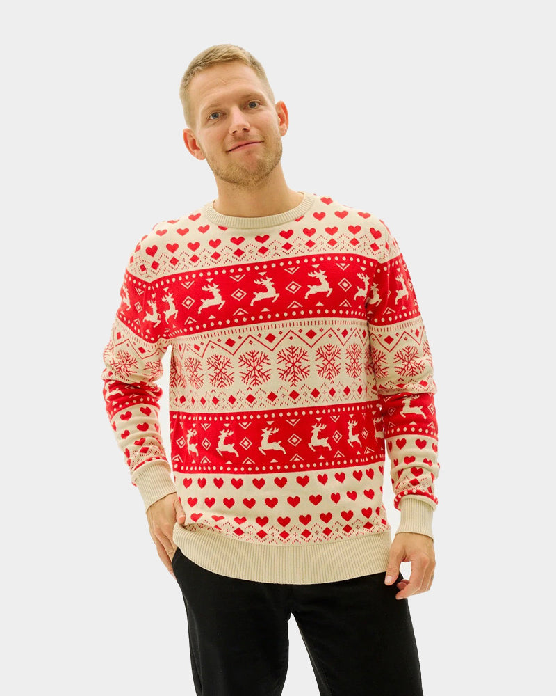 Maglione Natalizio da Uomo in Cotone Biologico con Cuori Rossi e Beige