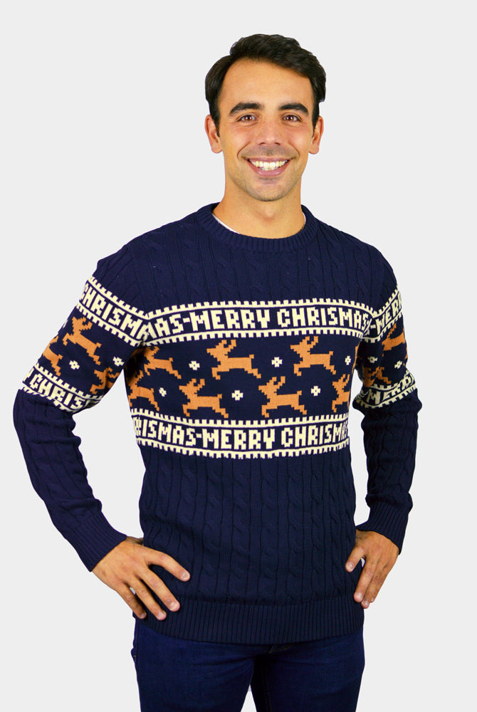 Maglione Natalizio da Uomo in Cotone Biologico Elegante Blu con Renne