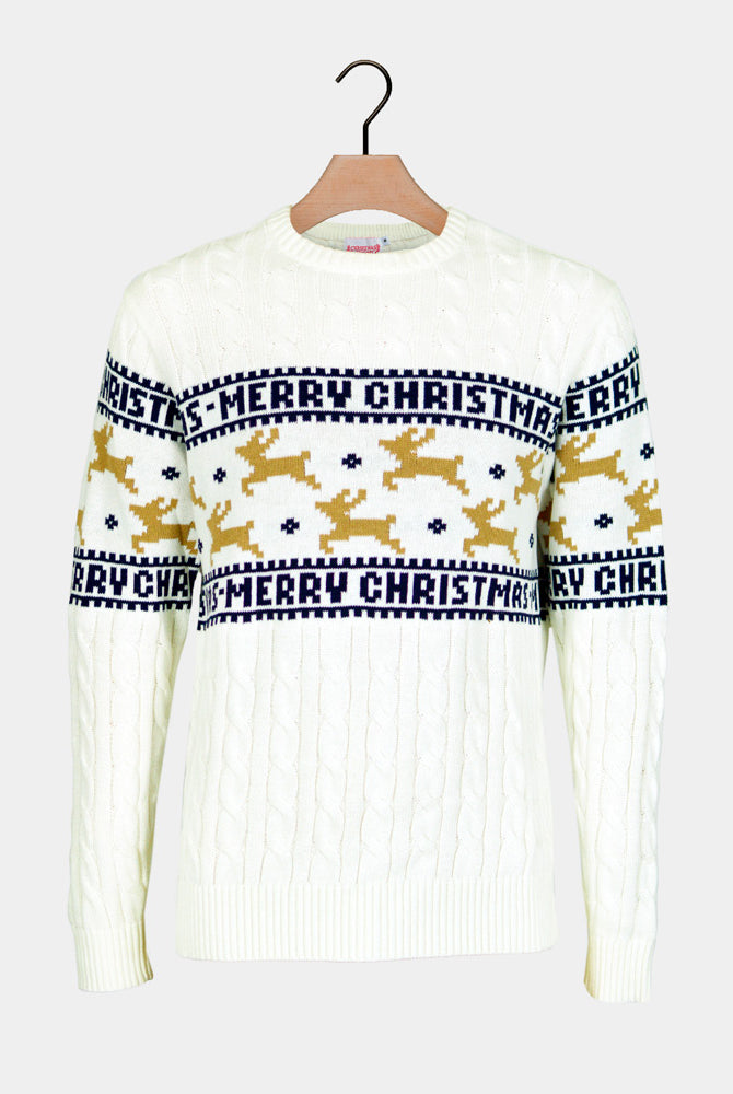 Maglione Natalizio da Uomo in Cotone Biologico Elegante con Renne Bianco