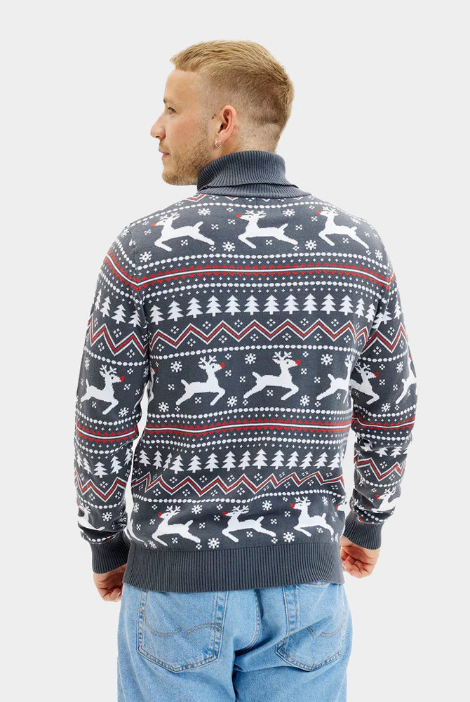 Maglione Natalizio da Uomo Renne Cotone Biologico a Collo Alto Grigio