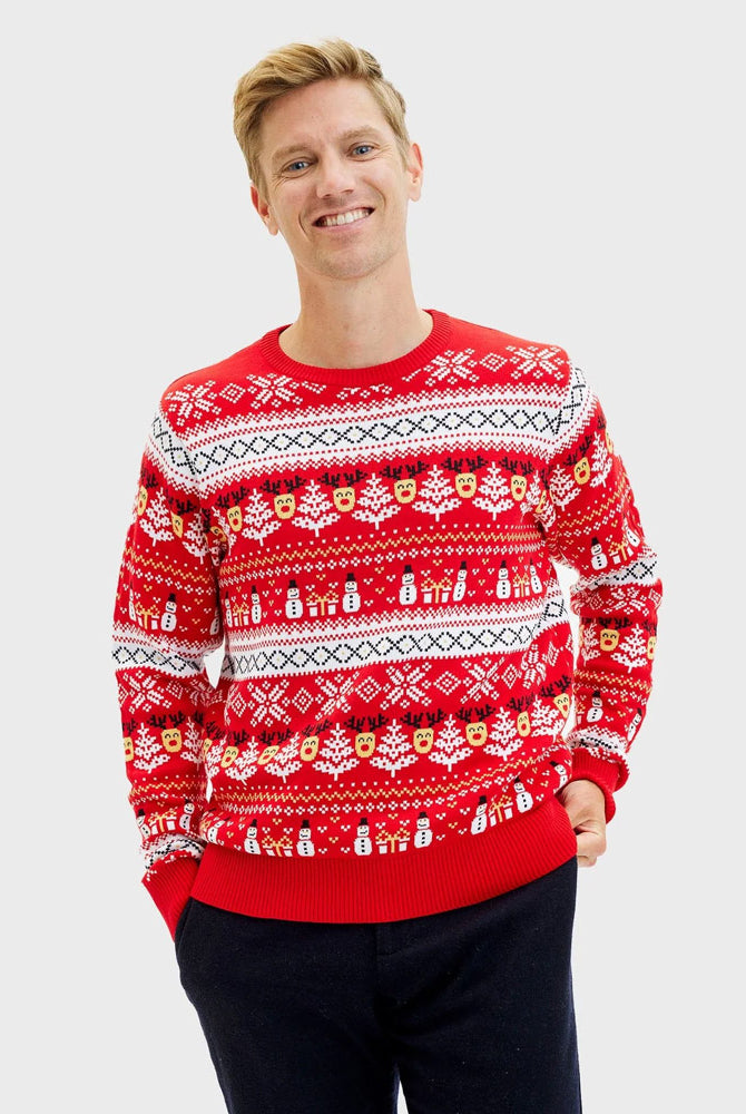 Maglione Natalizio da Uomo in Cotone Biologico Pupazzi Neve e Motivi Natalizi Rosso