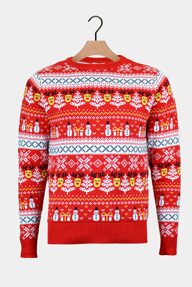 Maglione Natalizio da Uomo in Cotone Biologico Pupazzi Rosso Neve e Motivi Natalizi