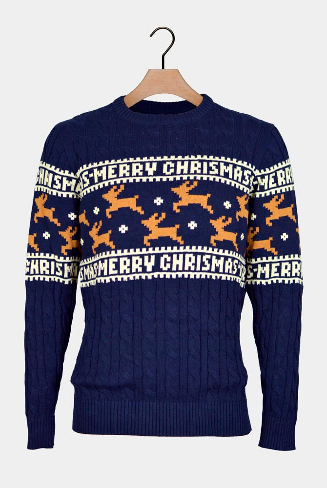 Maglione Natalizio Uomo Cotone Biologico Elegante Blu Renne