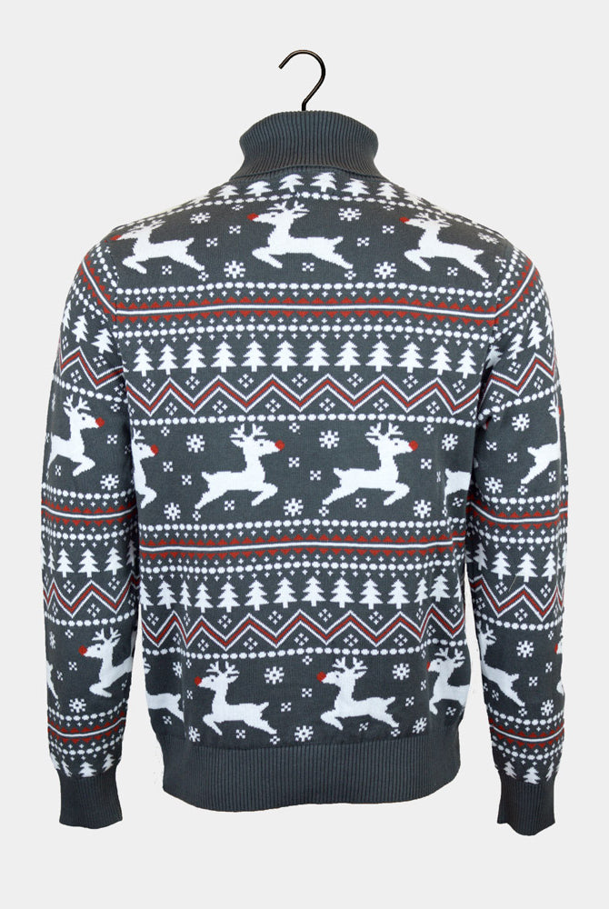 Maglione Natalizio da Uomo Cotone Collo Alto Grigio Renne Biologico