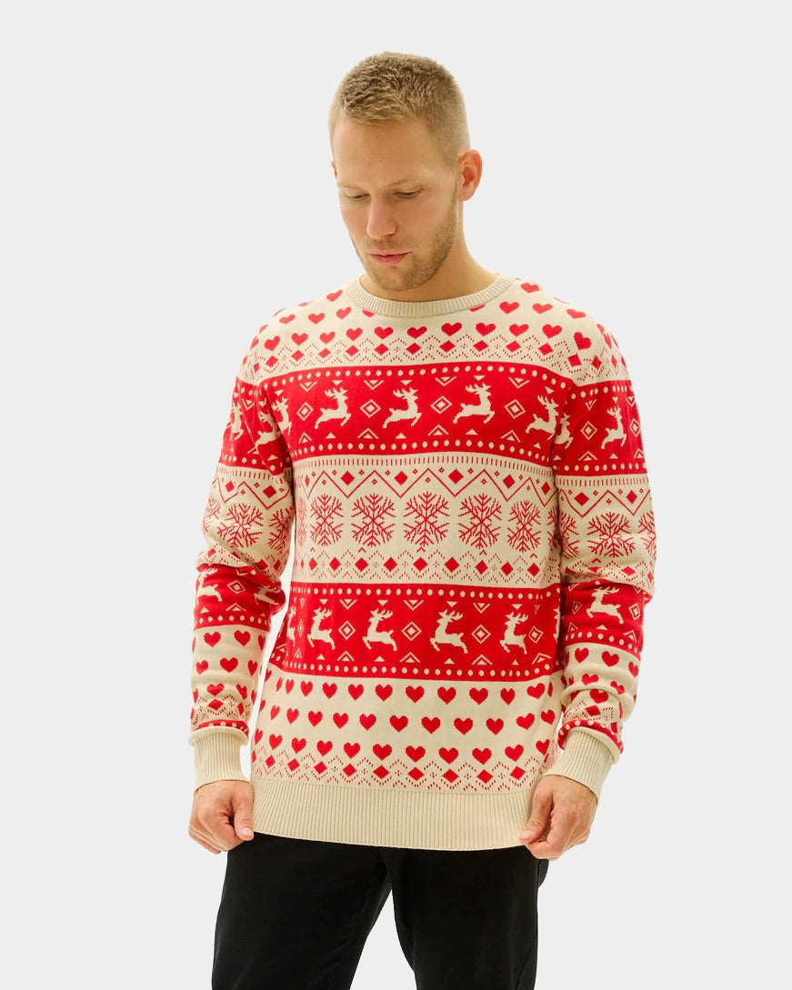 Maglione Natalizio Uomo Cotone Biologico con Cuori Rossi e Beige