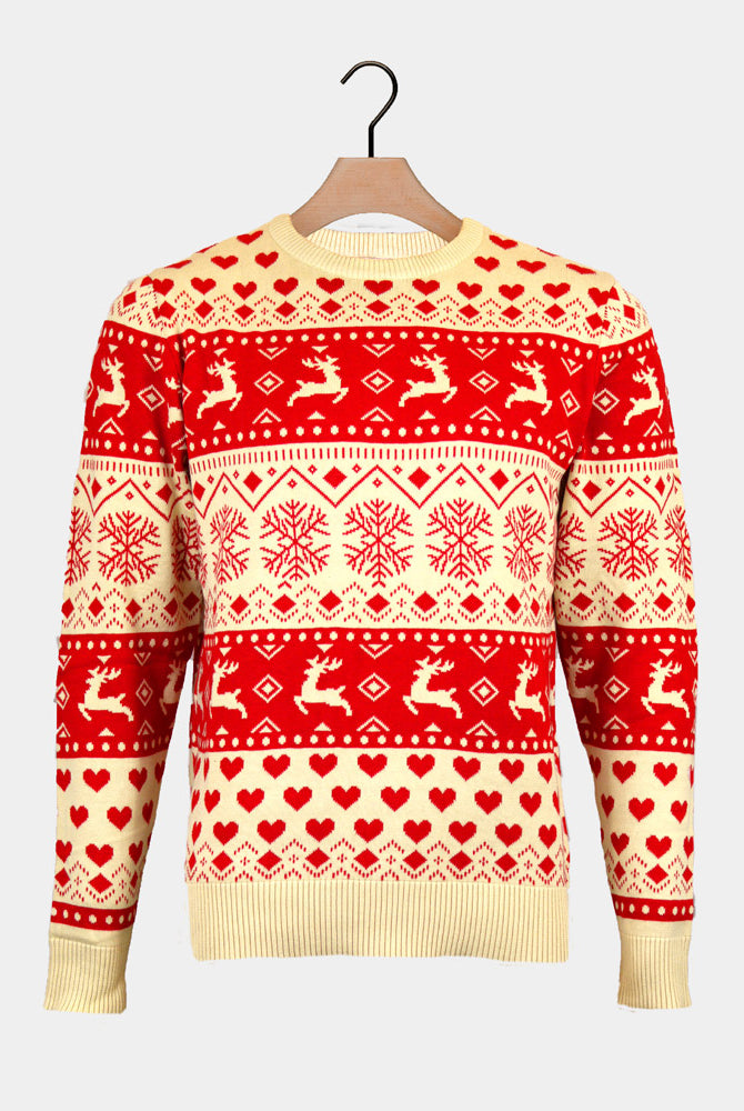 Maglione Natalizio Uomo Cotone Biologico Cuori Rossi e Beige