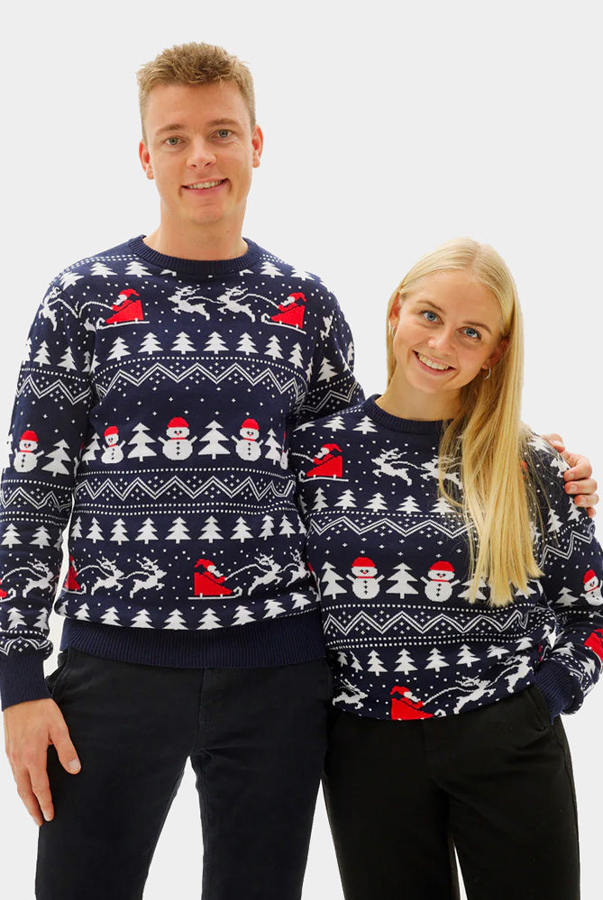 Maglione Natalizio Uomo e Donna con Alberi, Pupazzi di Neve e Babbo Natale