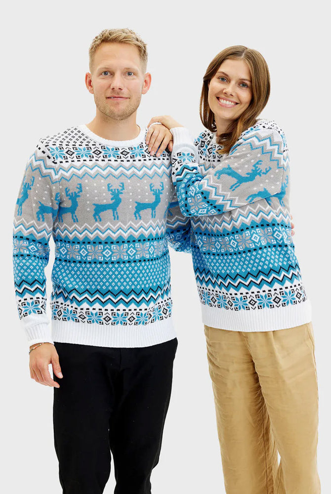 Maglione Natalizio da Uomo e Donna Bianco, Grigio e Blu con Renne Elegante