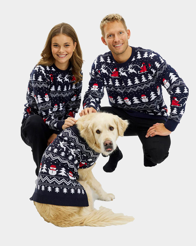 Maglione Natalizio Uomo Donna Cane Cotone Biologico Blu Alberi Pupazzi Neve Babbo Natale