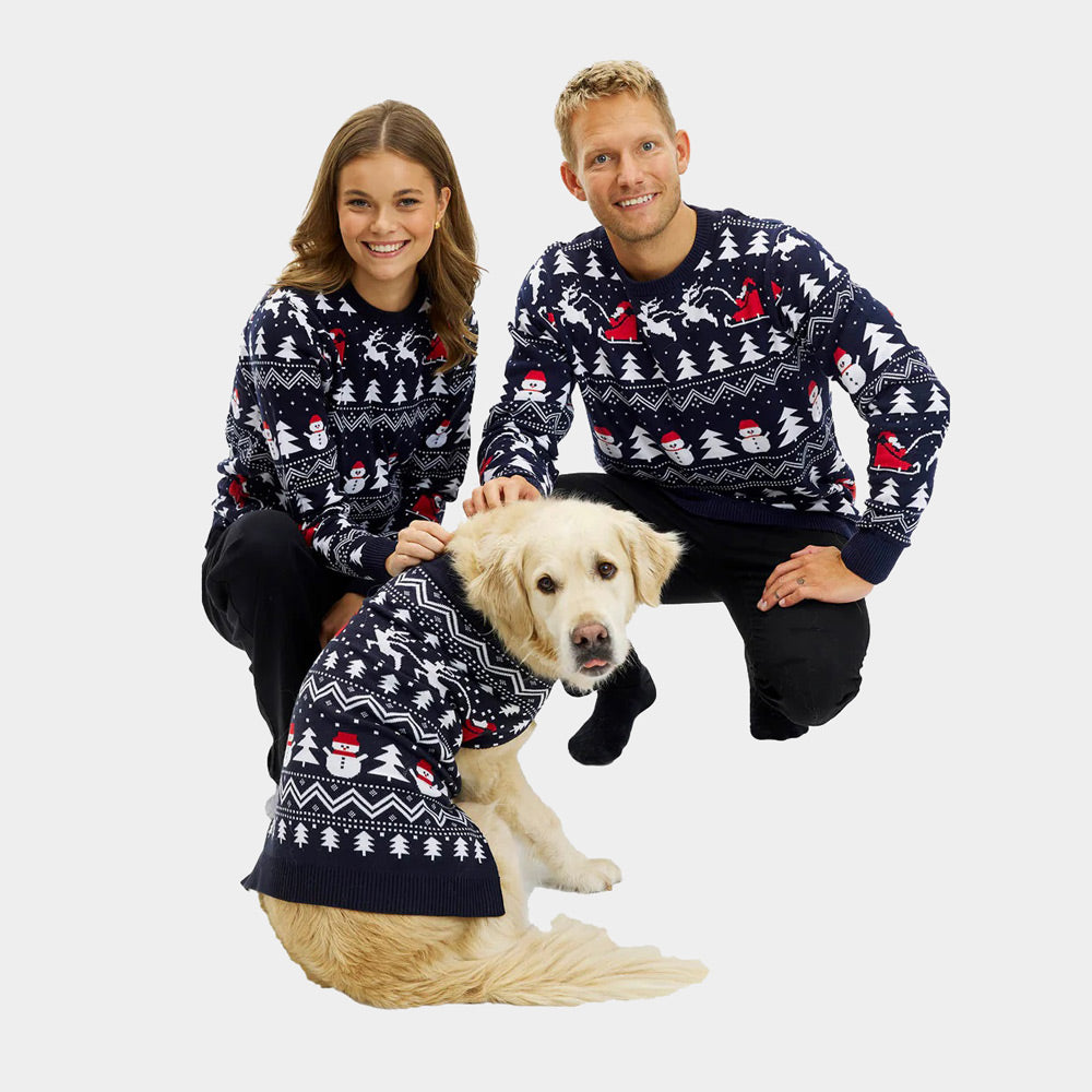 Maglione Natalizio Uomo Donna Cane Cotone Biologico Blu Alberi Pupazzi Neve Babbo Natale